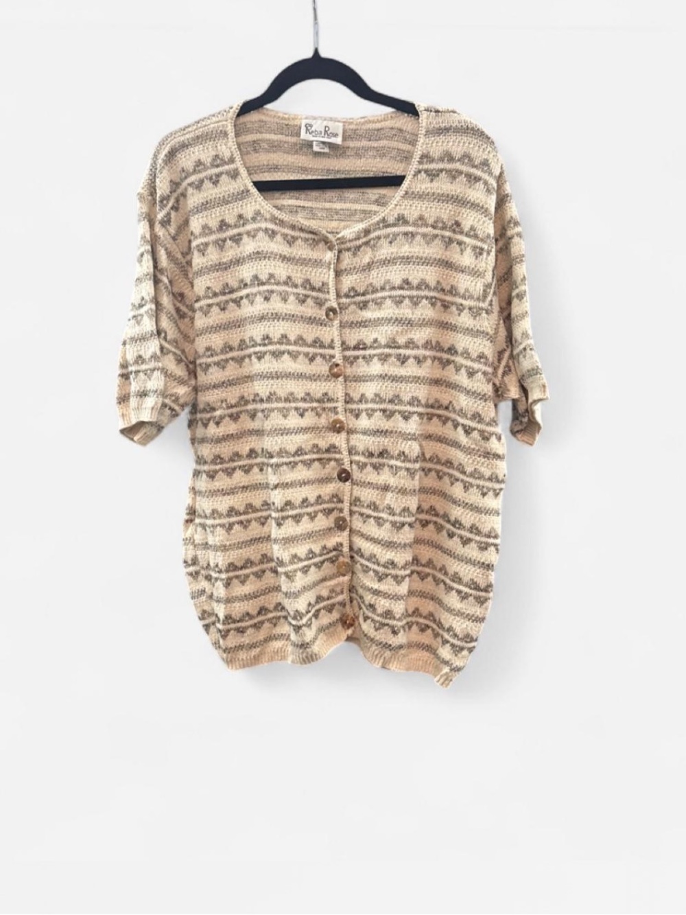 Vintage Reba Rose Beige Patterned cardigan Sweater Top grandmacore size 18/20